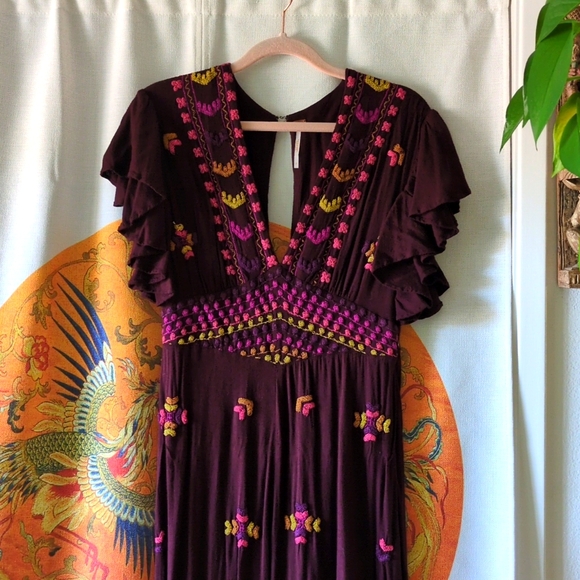 Free People Plum Floral Embroidered Jumpsuit